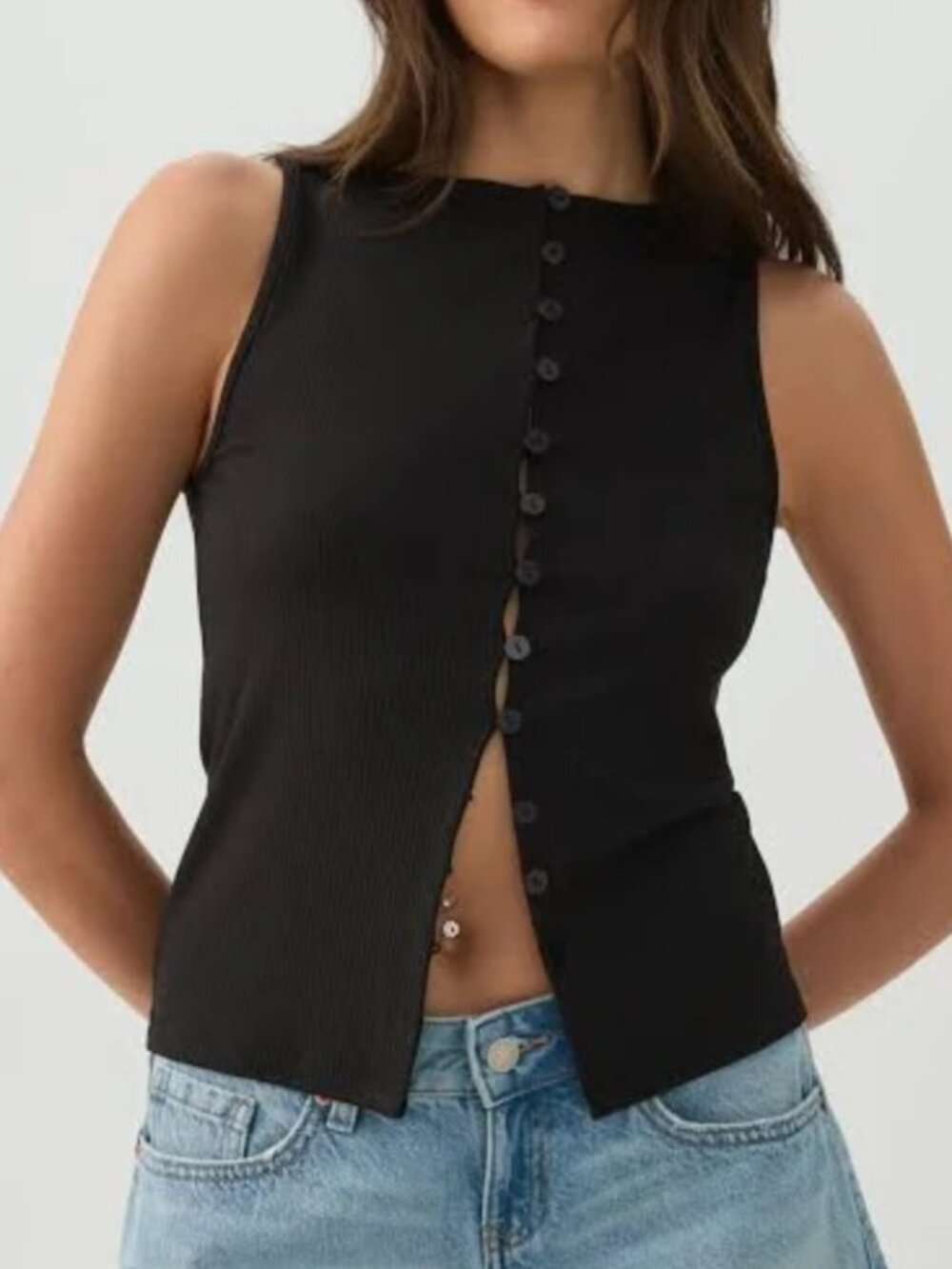 Ardene Button Front Rib Tank Top Black Size XL